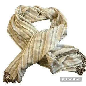 Irelandseye Wool/Silk Neutral Striped Fringe Scarf 60”x24” Woven Lightweight